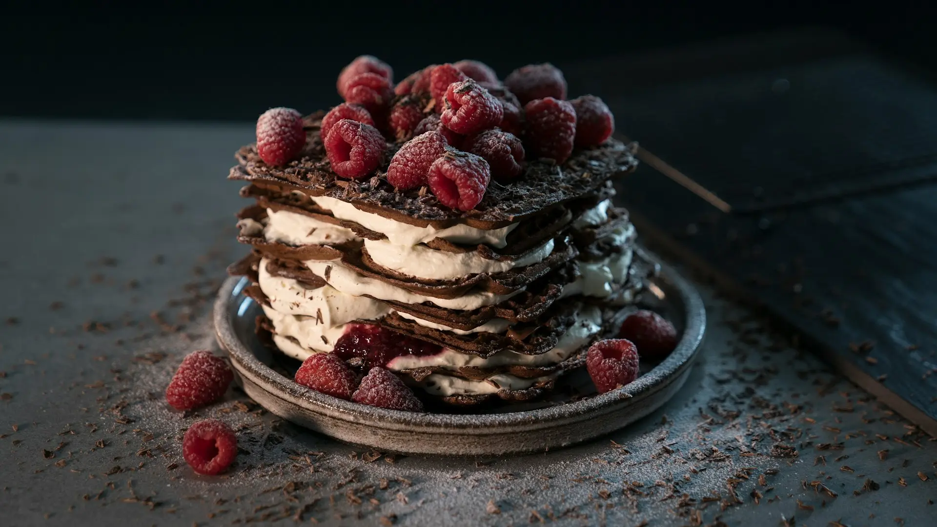 red raspberries on chocolate and cream cake
